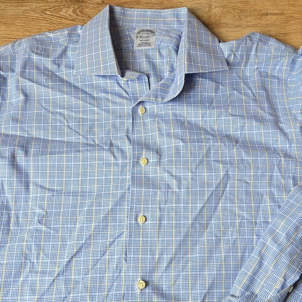 BROOKS BROTHERS Regents Fit Yellow Checkered Dress Shirt sz 17  36